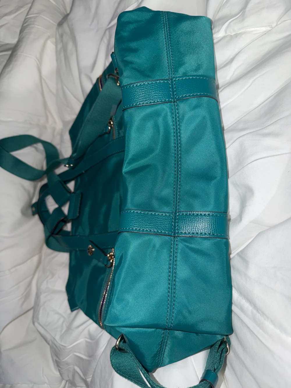 Henri Bendel New York Teal Jetsetter Hand Bag/Satchel/Backpack Purple Lining - Picture 3 of 11